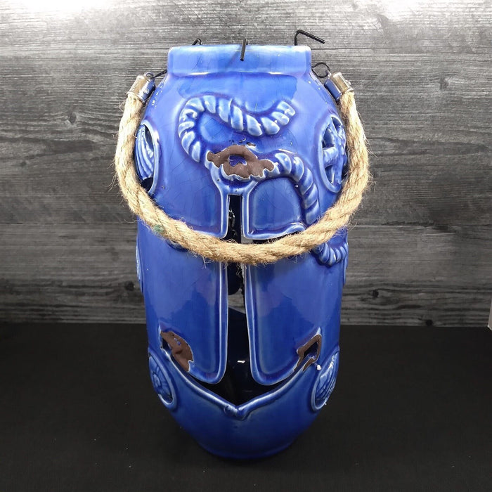 Nautical Maritime Lantern Dark Blue With Blue Led Lights Weathered Look Lamp