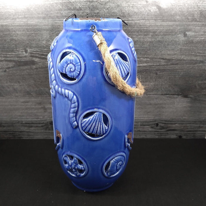 Nautical Maritime Lantern Dark Blue With Blue Led Lights Weathered Look Lamp