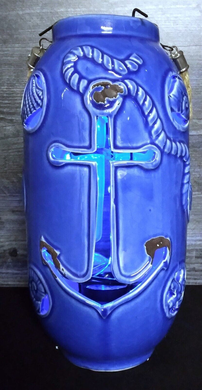 Nautical Maritime Lantern Dark Blue With Blue Led Lights Weathered Look Lamp