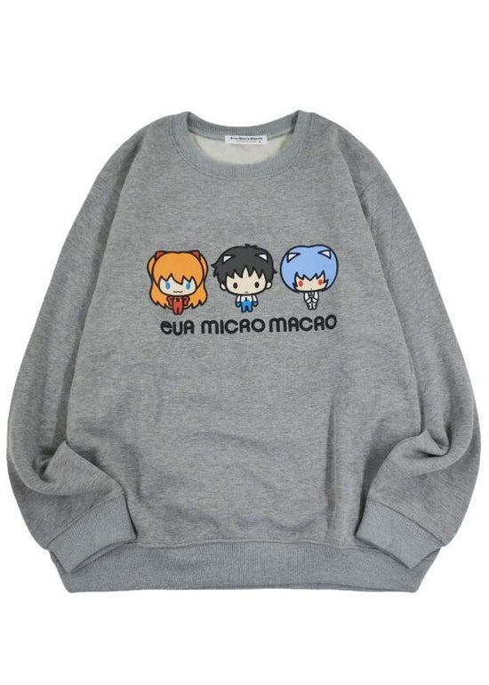 Neon Genesis Evangelion Chibi Characters Pullover in grey with Eva squad chibi characters graphic on anime rave festival pullover — front view