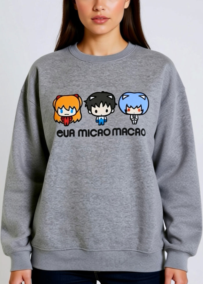 Neon Genesis Evangelion Chibi Characters Pullover in grey with Eva squad chibi characters graphic on anime rave festival pullover — model view