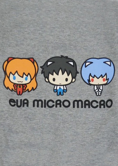 Neon Genesis Evangelion Chibi Characters Pullover in grey with Eva squad chibi characters graphic on anime rave festival pullover — chest graphic detail view