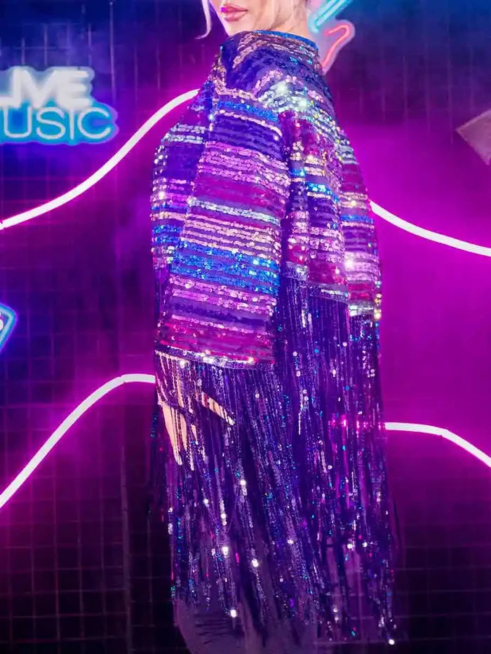 New Long Sleeve Colorful Sequin Tassel Jacket Top