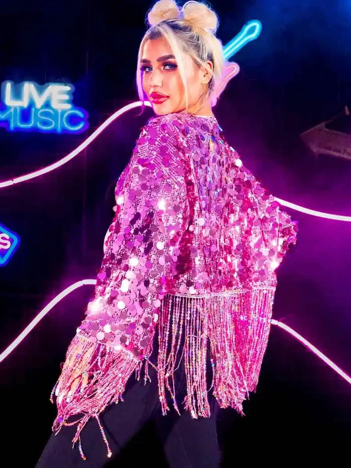 New Pink Sequin Fringe Long Sleeve Jacket Top