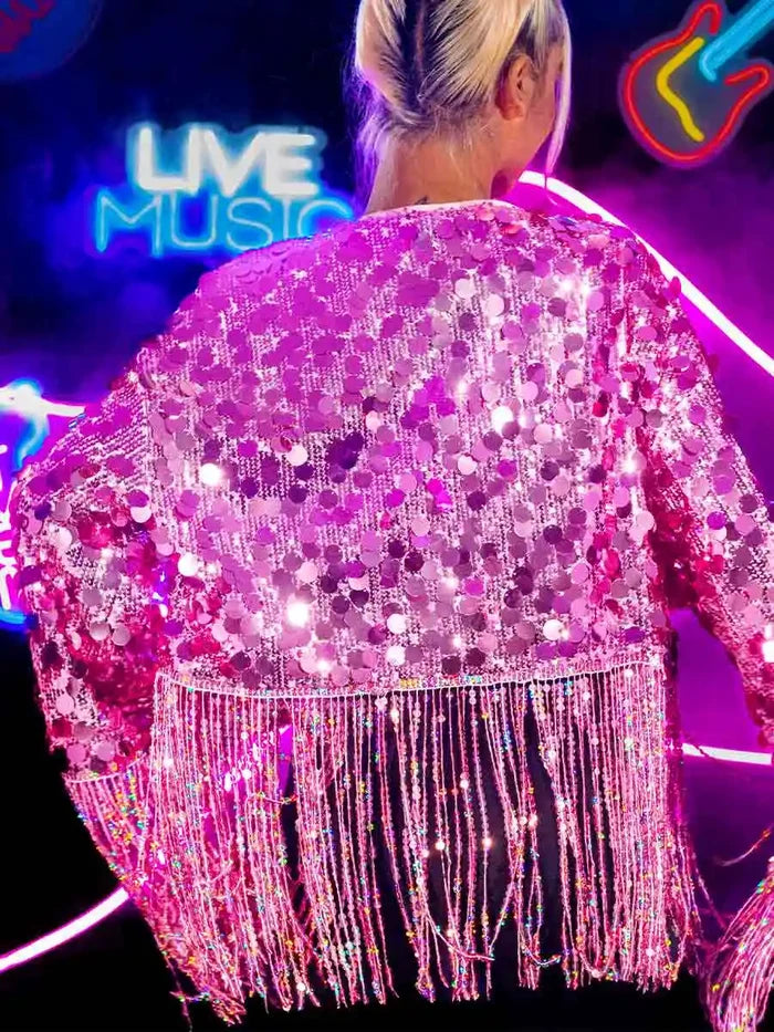 New Pink Sequin Fringe Long Sleeve Jacket Top