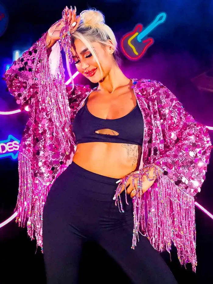 New Pink Sequin Fringe Long Sleeve Jacket Top