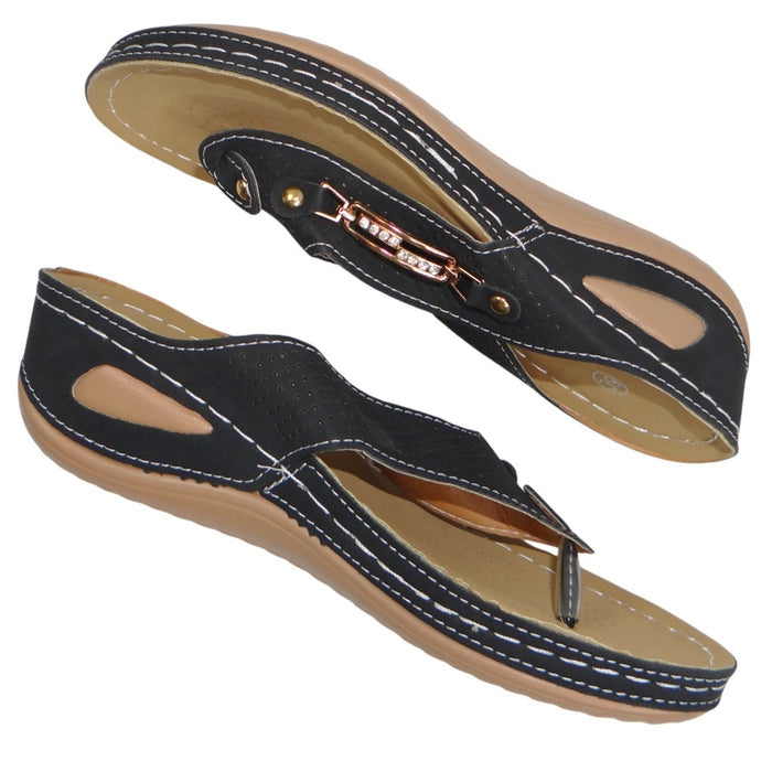 New Womens Black Wedge Thong Sandals Rhinestone Accent Comfort Slip On Size 8.50