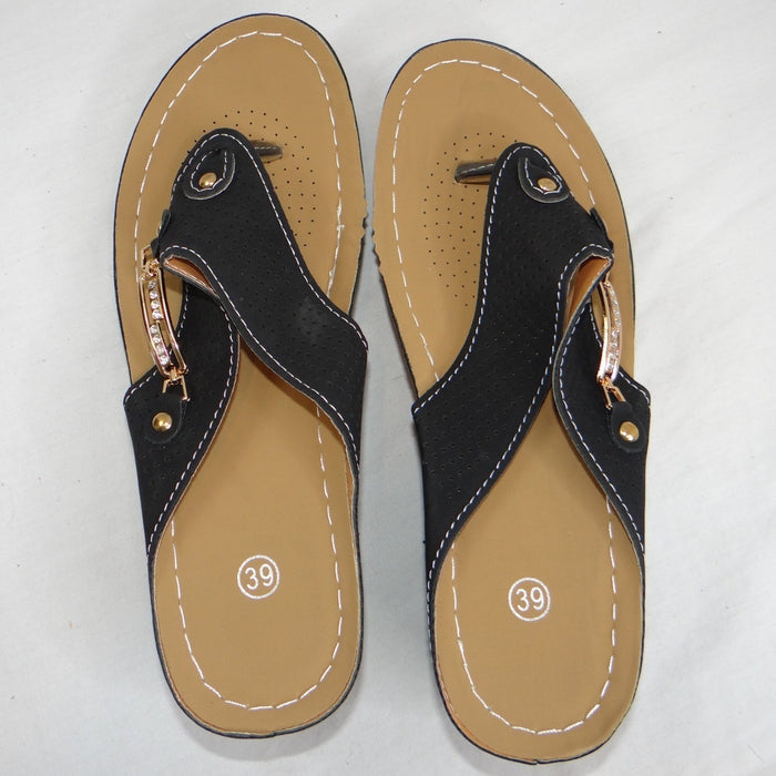 New Womens Black Wedge Thong Sandals Rhinestone Accent Comfort Slip On Size 8.53