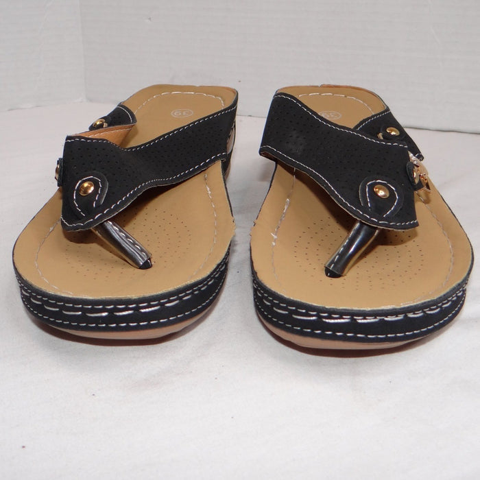 New Womens Black Wedge Thong Sandals Rhinestone Accent Comfort Slip On Size 8.54
