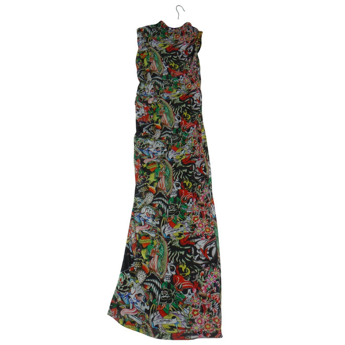 NEW Y2K Ed Hardy Womens Tattoo Graphic Print Mock Neck Sleeveless Maxi Dress0