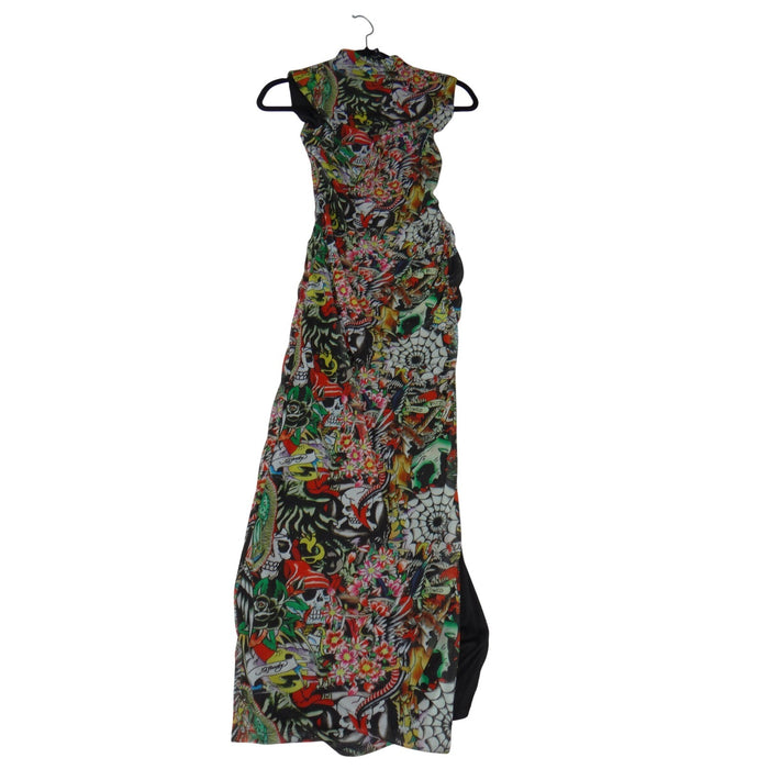 NEW Y2K Ed Hardy Womens Tattoo Graphic Print Mock Neck Sleeveless Maxi Dress1