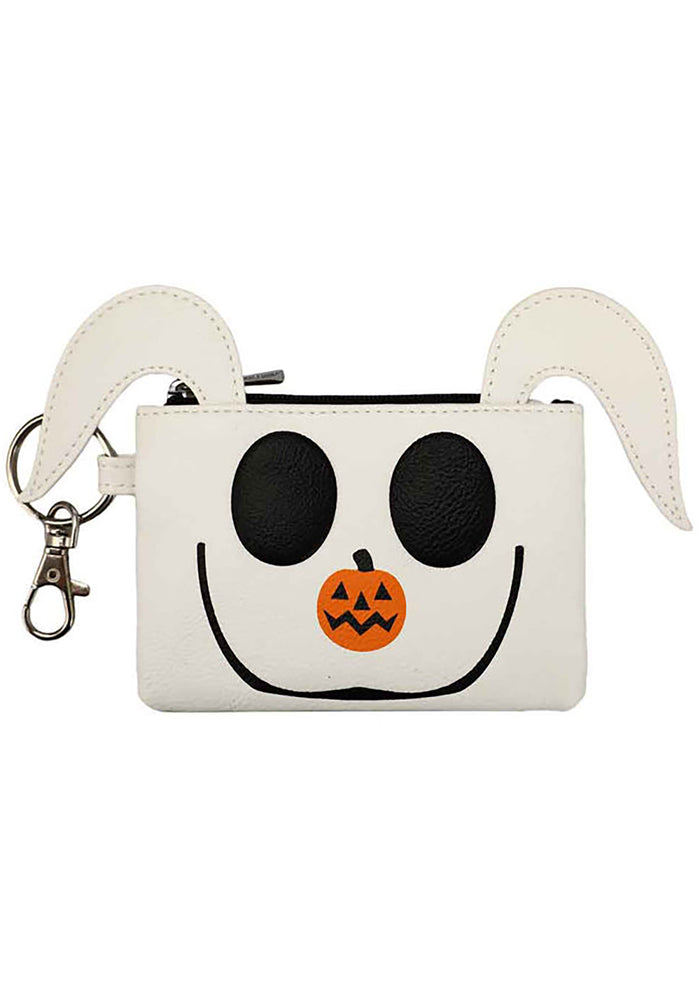 Bioworld Nightmare Before Christmas Zero Coin Pouch in white black orange with Zero face applique and pumpkin detail on fandom rave wallet — front view