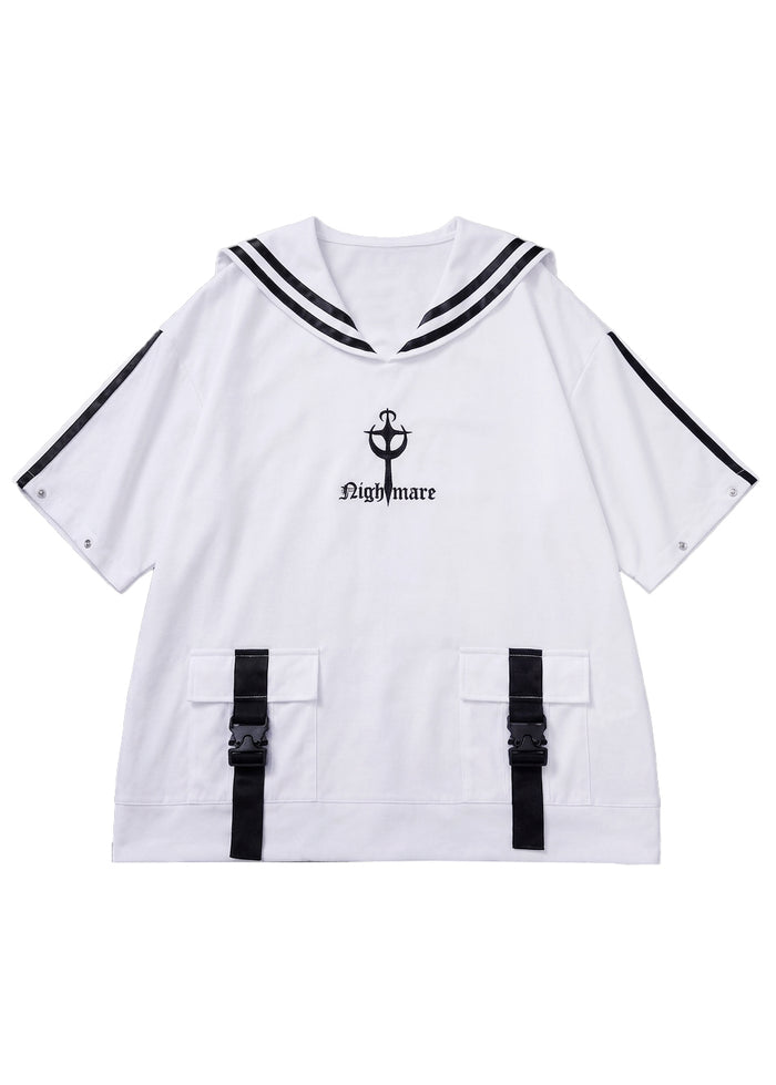 Resham Nightmare Dark Sailor White Oversized Pullover in white with black sailor collar and back horn graphic on hoodie — flat lay front
