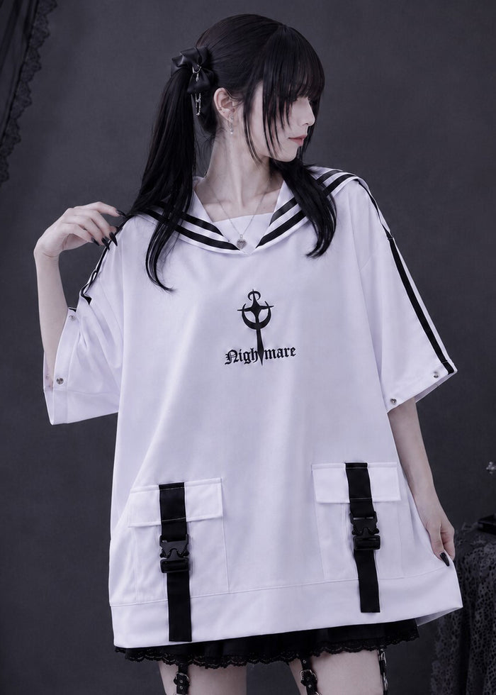 Resham Nightmare Dark Sailor White Oversized Pullover in white with black sailor collar and back horn graphic on hoodie — front on model