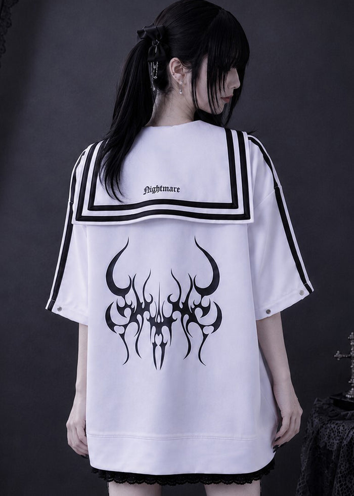 Resham Nightmare Dark Sailor White Oversized Pullover in white with black sailor collar and back horn graphic on hoodie — back on model