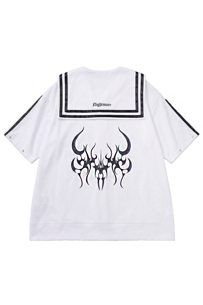 Resham Nightmare Dark Sailor White Oversized Pullover in white with black sailor collar and back horn graphic on hoodie — flat lay back