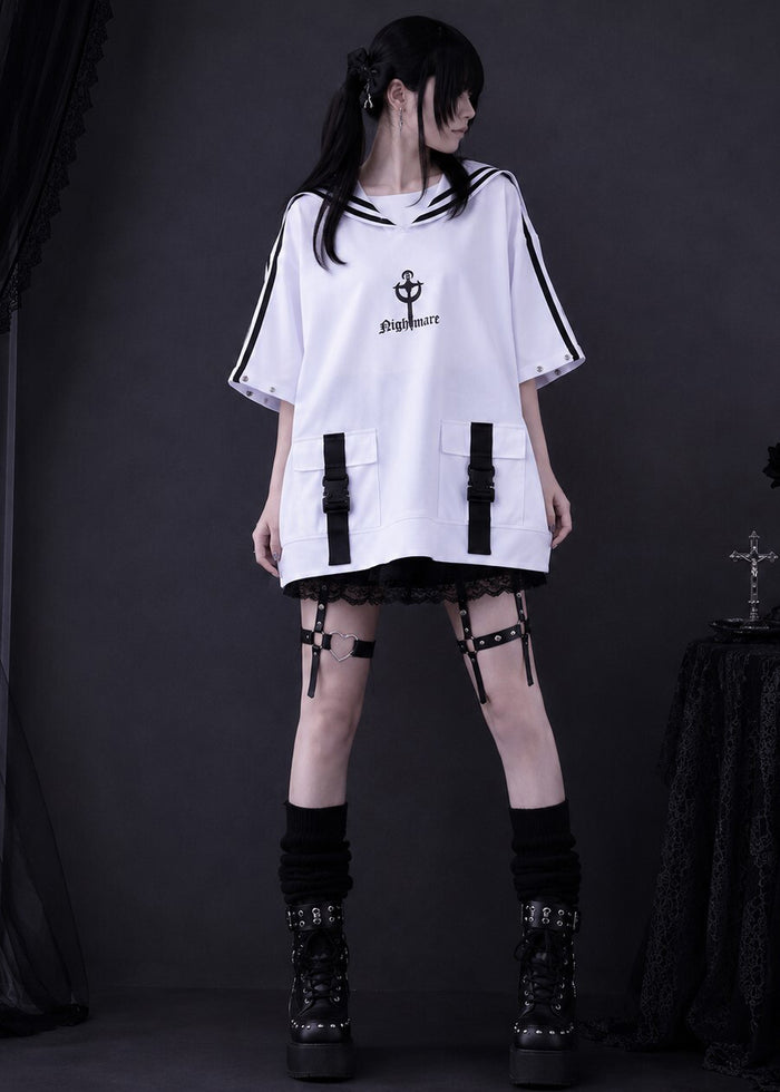 Resham Nightmare Dark Sailor White Oversized Pullover in white with black sailor collar and back horn graphic on hoodie — detail