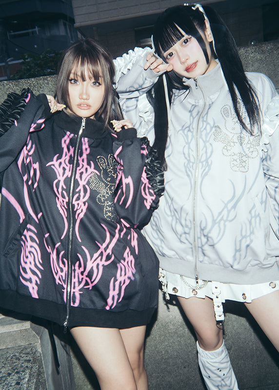 Nightmare Studded Bunny Ruffle Grey Oversized Jacket