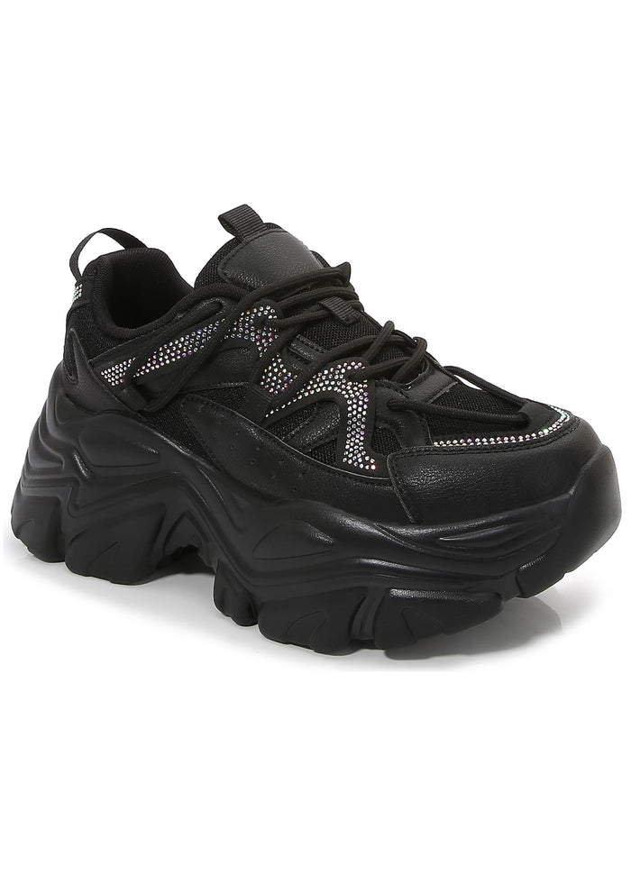 Front side profile view of Berness Nikki Black Platform Sneakers highlighting the textured faux leather overlays and sculpted platform sole design.