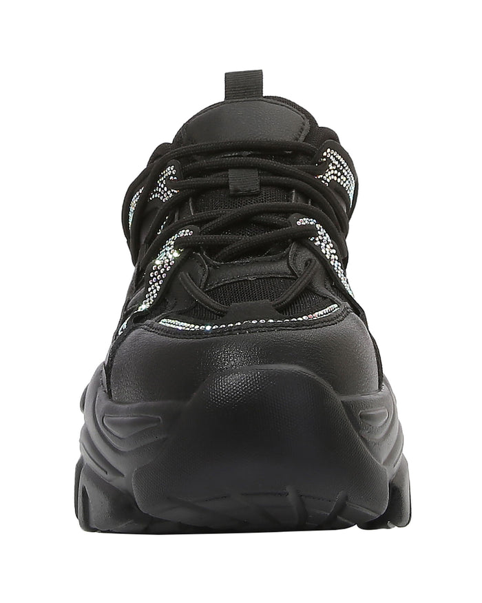 Straight front studio view of Berness Nikki Black Platform Sneakers showing the thick lace-up closure and chunky platform toe box.