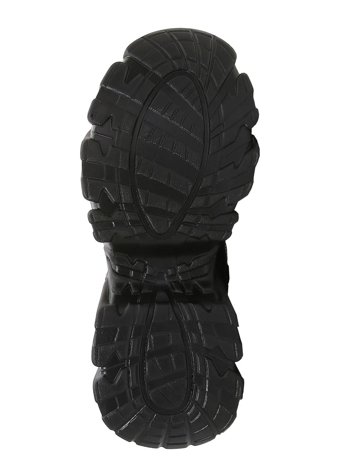 Bottom sole view of Berness Nikki Black Platform Sneakers highlighting the heavy-duty rubber traction pattern and lightweight platform grip.