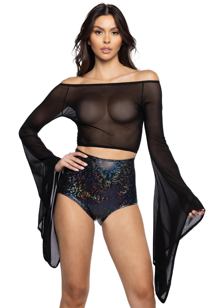 J Valentine Nomadic Nirvana Black Mesh Gypsy Sleeve Top in black with off-shoulder neckline and flowing bell sleeves on festival top — front view