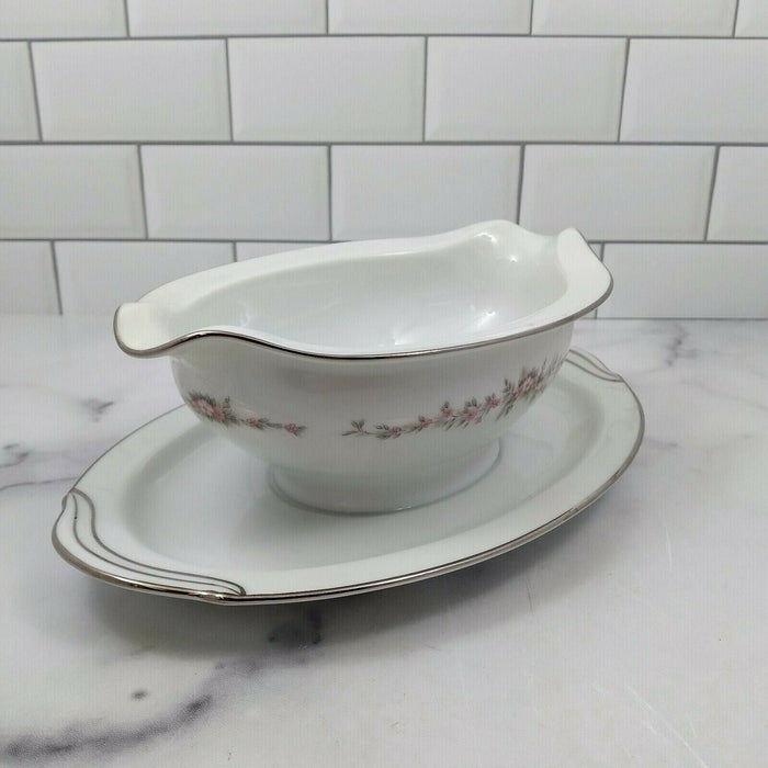 Noritake China Rosepoint 6206 Gravy Boat with Attached Underplate Vintage Japan