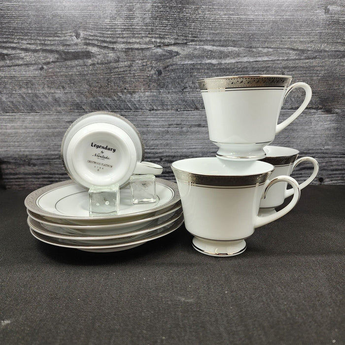 Noritake Legendary Crestwood Platinum Set of 4 Tea cup & Saucers 4166 Coffee Mug
