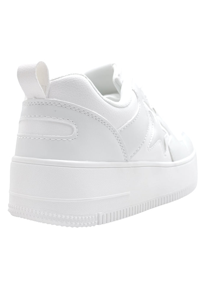 Berness NOVA Pure Star White Everyday Sneakers in white vegan leather showing lace-up closure and chunky skater sole detail — detail shot