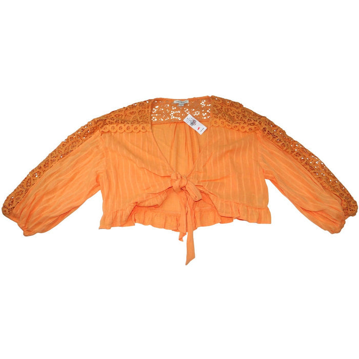NWT American Eagle Orange Lace Trim Tie Front Blouse Cropped Textured Size XL0