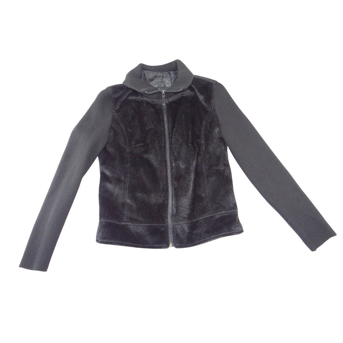 NWT Jaclyn Smith Womens Black Faux Fur Ribbed Knit Full Zip Mock Neck Jacket S0