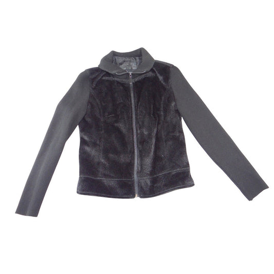 NWT Jaclyn Smith Womens Black Faux Fur Ribbed Knit Full Zip Mock Neck Jacket S0