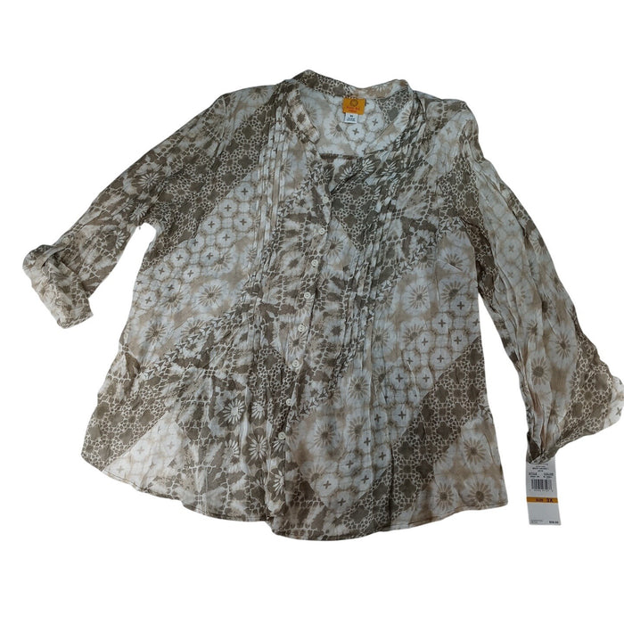 NWT Ruby Rd Woman 3X Boho Patchwork Print Pleated V Neck Button Front Tunic Top0