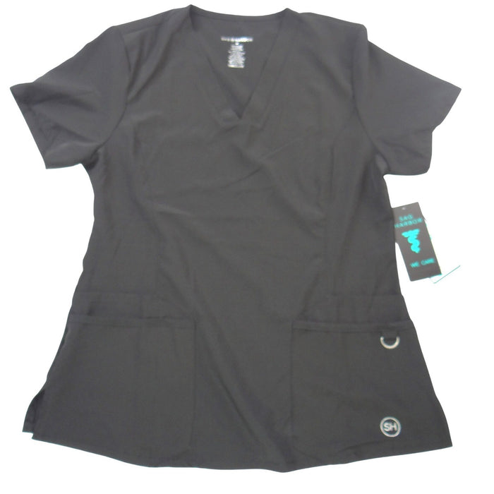 NWT Sag Harbor We Care Black V Neck Scrub Top Medical Uniform 4 Way Stretch Med0