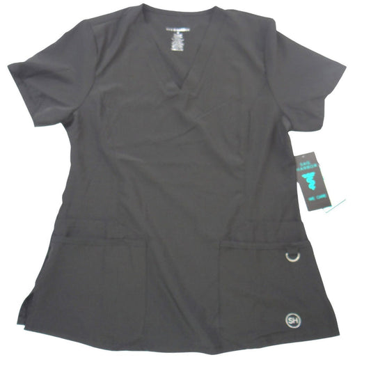 NWT Sag Harbor We Care Black V Neck Scrub Top Medical Uniform 4 Way Stretch Med0