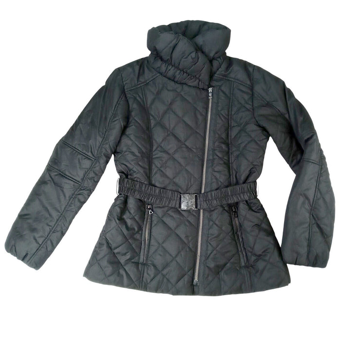 NWT Vintage Black Quilted Belted Puffer Jacket Stand Collar Full Zip Women's M0