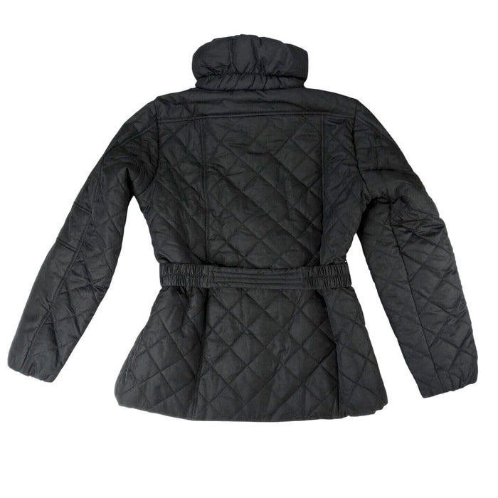 NWT Vintage Black Quilted Belted Puffer Jacket Stand Collar Full Zip Women's M5