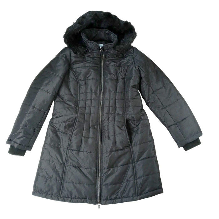 NWT Vintage Womens Black Quilted Long Coat Removable Hood Faux Fur Trim Medium0