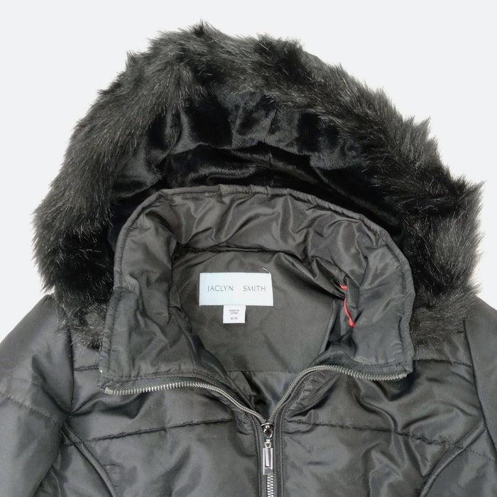NWT Vintage Womens Black Quilted Long Coat Removable Hood Faux Fur Trim Medium1