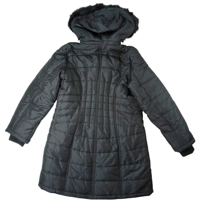 NWT Vintage Womens Black Quilted Long Coat Removable Hood Faux Fur Trim Medium3