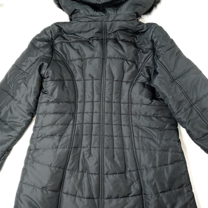 NWT Vintage Womens Black Quilted Long Coat Removable Hood Faux Fur Trim Medium4