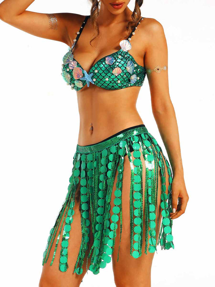 Ocean-Style Green Sequin Two-Piece Set