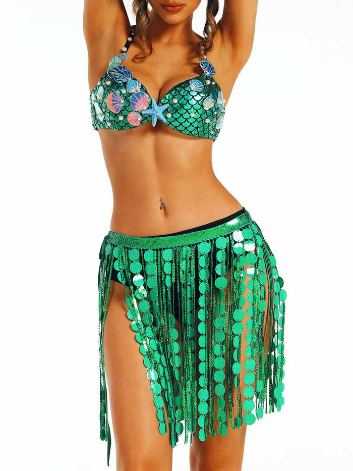 Ocean-Style Green Sequin Two-Piece Set