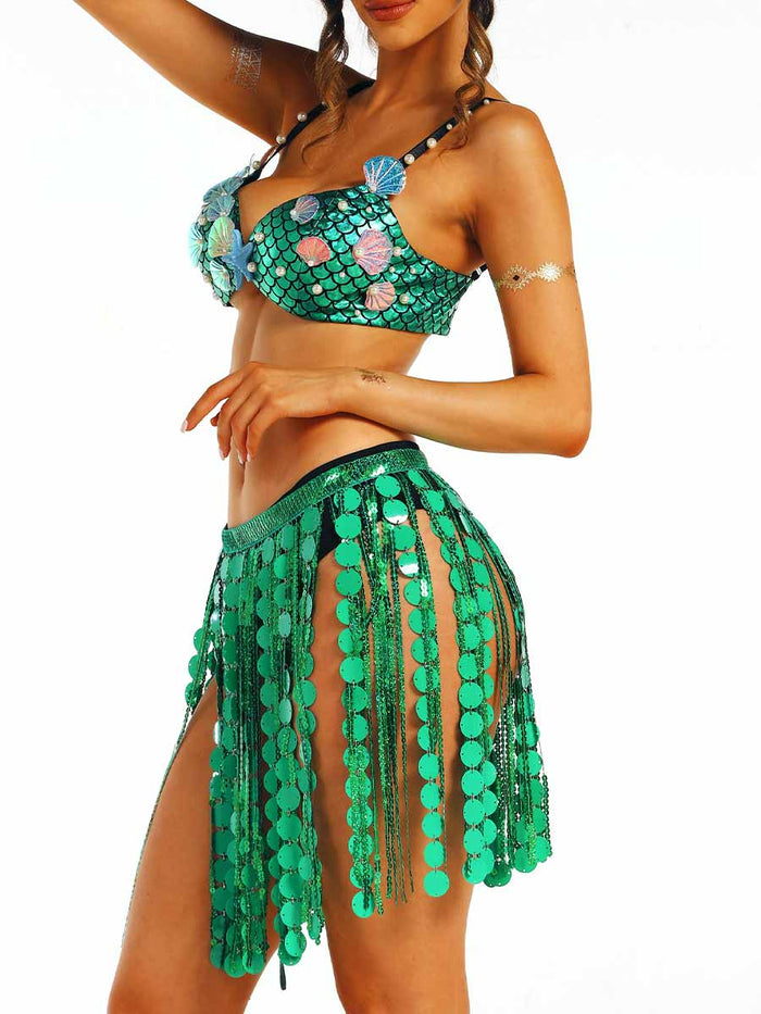 Ocean-Style Green Sequin Two-Piece Set