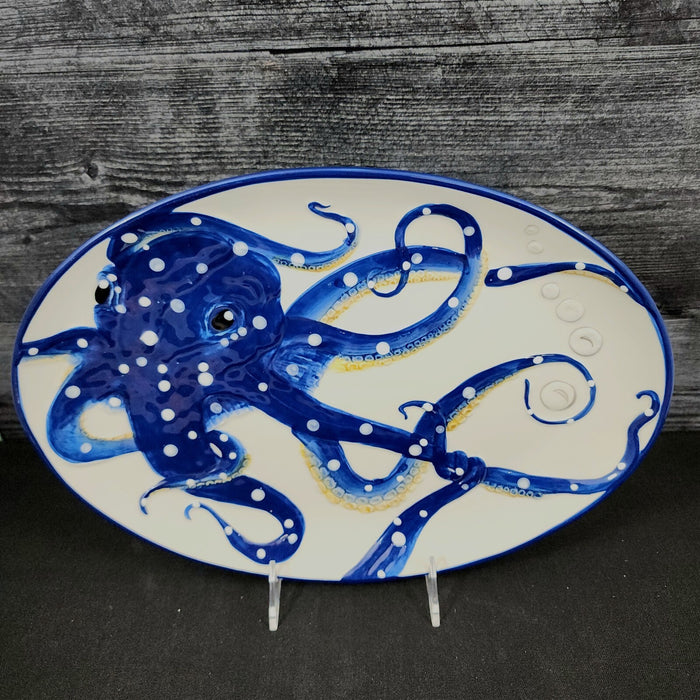 Octopus Platter Embossed Oval Serving Tray Ceramic Blue Sky 13.5"