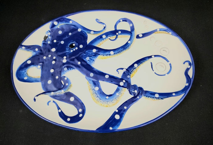 Octopus Platter Embossed Oval Serving Tray Ceramic Blue Sky 13.5"