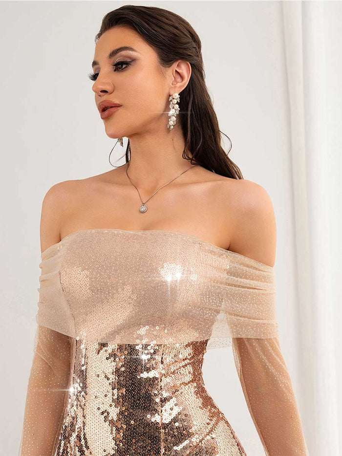 Off-Shoulder Mesh Patchwork Sequin Party Mini Dress