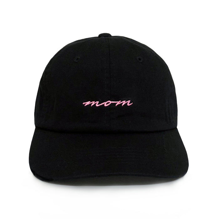 OG Mom Hat – Black embroidered mom hat with pink cursive stitching. A cool mom gift and classic 6-panel family hat from Dad Brand.