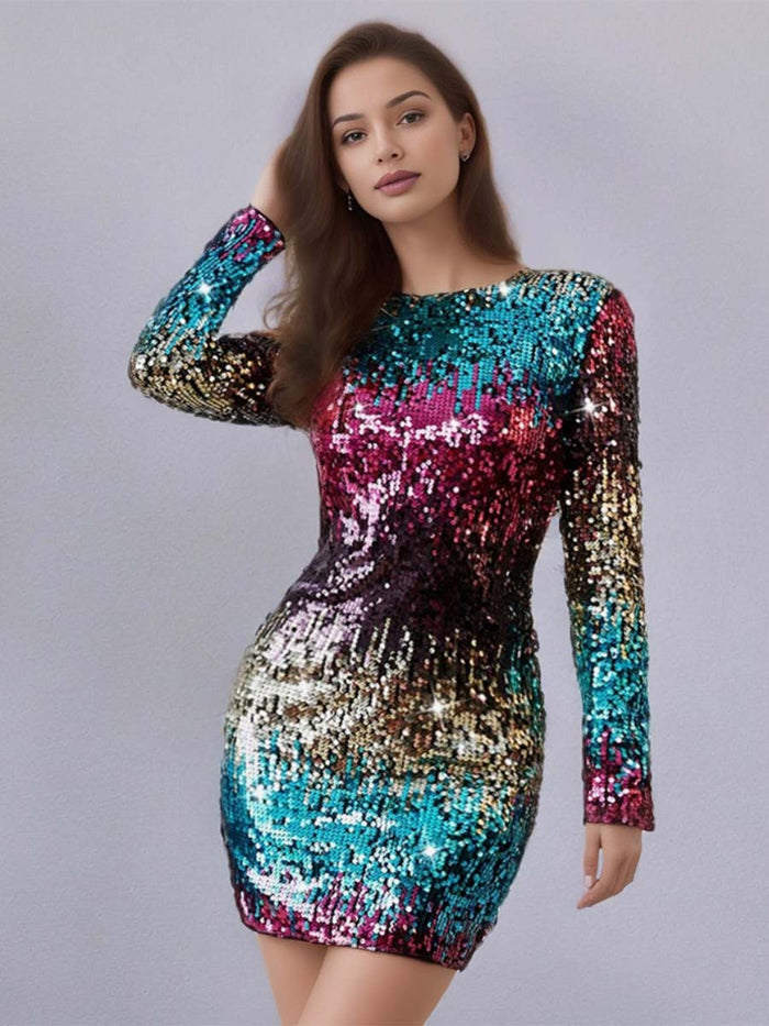 Ombre Sequin Long Sleeve Party Mini Dress