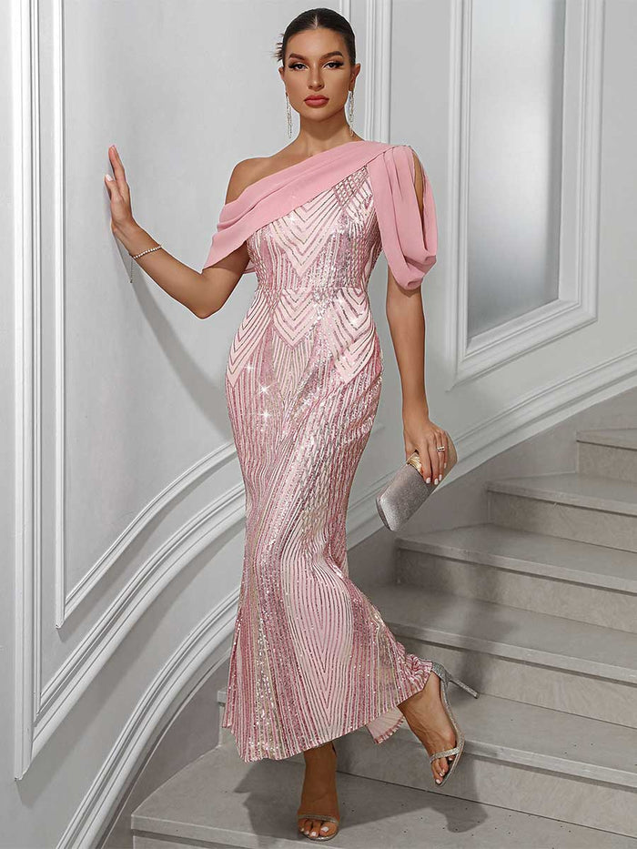 One-Shoulder Chiffon Patchwork Sequin Maxi Party Gown